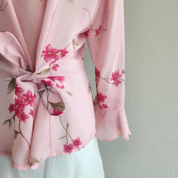 Vintage Y2K Studio I Pink Floral Sheer Button Down Blouse Tie Back S/M - Picture 8 of 10